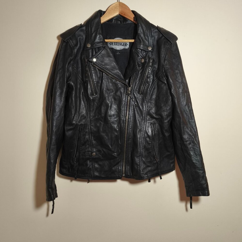 Derringer 100% Lambskin Leather Vented Moto Jacket sz L Black Silver Biker